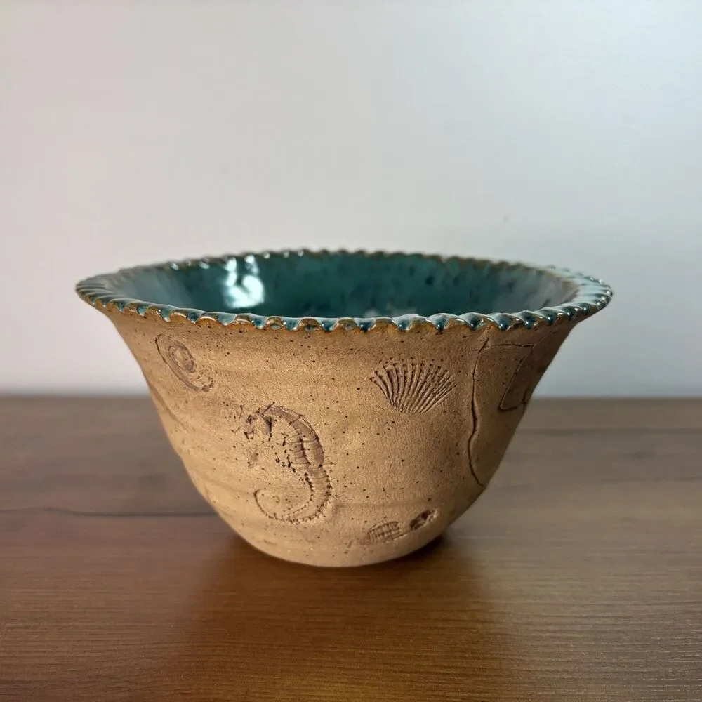 Handmade Artisan Hand Stamped Pottery Nautical Coastal Sea Creature Bowl Teal